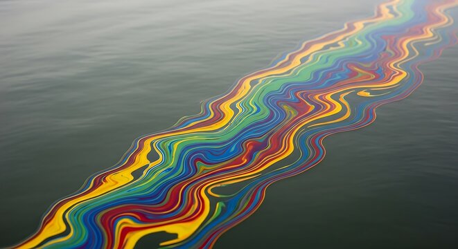 Colorful oil slick on water surface abstract pattern and environmental impact