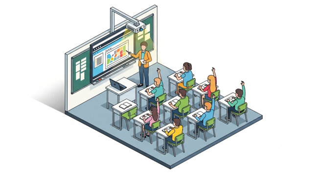 Isometric Classroom Scene with Students Learning from a Digital Screen.