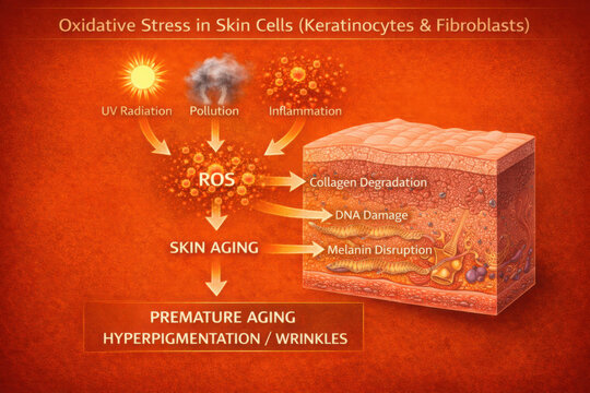 Oxidative stress in skin cells leads to skin aging, including premature aging, hyperpigmentation, and wrinkles due to UV radiation and pollution