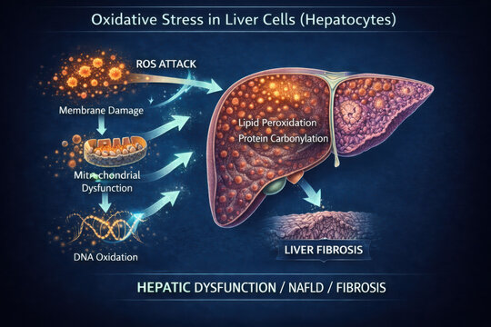 Oxidative stress in liver cells illustrates impact of reactive oxygen species on hepatocytes, leading to liver fibrosis and dysfunction