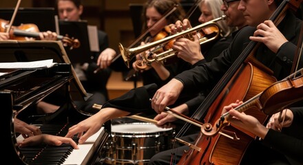 Fototapeta premium Orchestra members perform a symphony during a live classical music concert.
