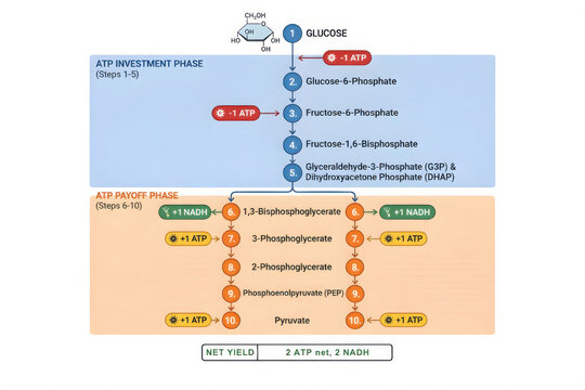 Glycolysis steps diagram illustrates ATP investment and payoff phases, showcasing glucose conversion into pyruvate with energy yield