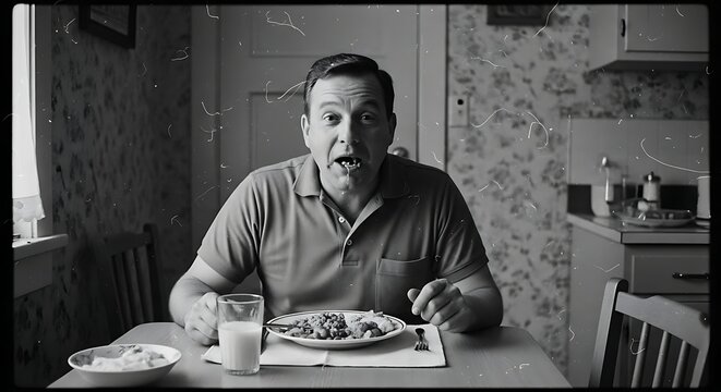 Man Eating Meal at Table in Kitchen, Black and White Photo.