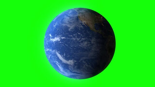 Rotating Earth on Green Screen - Global View of Continents and Oceans.