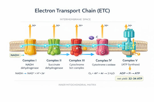 Electron transport chain diagram illustrates process of ATP production in cellular respiration, highlighting key complexes and electron flow