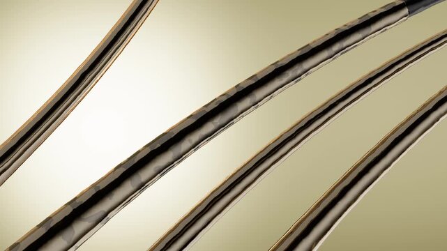 3D animation showing dry and damaged hair strands with rough surfaces. Golden serum bubbles absorb into the hair fibers, making the strands appear smoother and shinier. Hair care concept presented in 