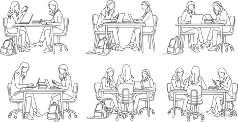 Obraz premium Female Students Studying Together Line Art Illustration Set with Laptop, Books, Study Table, and Classroom Learning Collaboration Scenes Collection