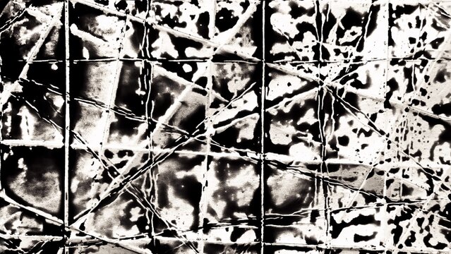 Black and silver grid pattern, intersecting fold lines, black watery paint pooling in the folds, metallic background with crossing silver lines