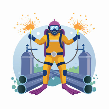 Underwater Industrial Diver in Diving Suit with Helmet, Performing Maintenance on Subsea Pipes and Structures, Deep Sea Engineering Illustration