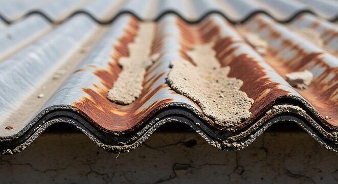 asbestos roof with corrugated sheets of rusted metal showing old roofing and damaged material a weathered and decaying structure