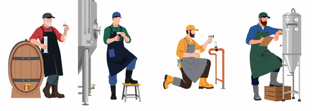 Flat vector illustration set of male brewers and cider makers working with equipment including barrels, fermentation tanks, and various quality testing tools.
