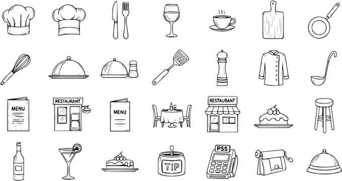 Hand-drawn restaurant and kitchen icons set: chef hats, utensils, food, menus, and dining items