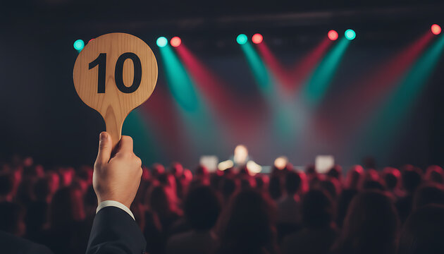 Person raises wooden paddle with number 10 at live auction event. Blurred audience watches auctioneer under spotlights. Bidding process for art or goods. Auction Event & Collectibles