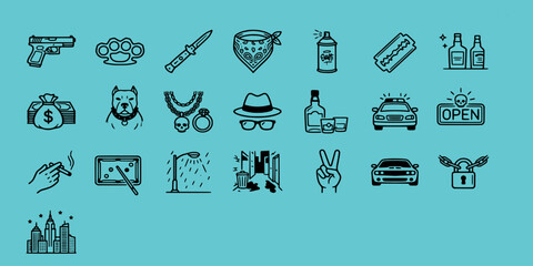 icon sheet collection of urban street life elements featuring weapons, money, alcohol, police cars, and city landmarks in clean black line art. © Raka Firdaus 
