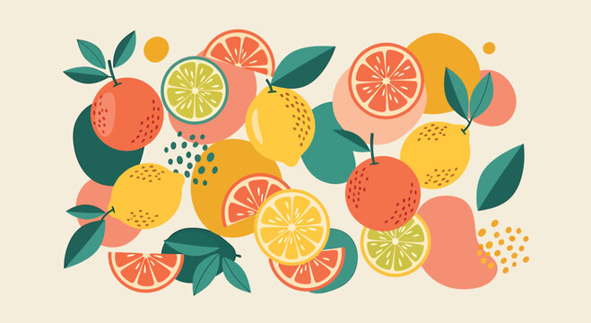 Colorful Fruit Pattern with Sliced Oranges Lemons and Limes on Beige Background