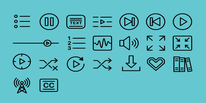 icon sheet collection of video player interface and media control buttons like play, pause, shuffle, and volume for digital app design.