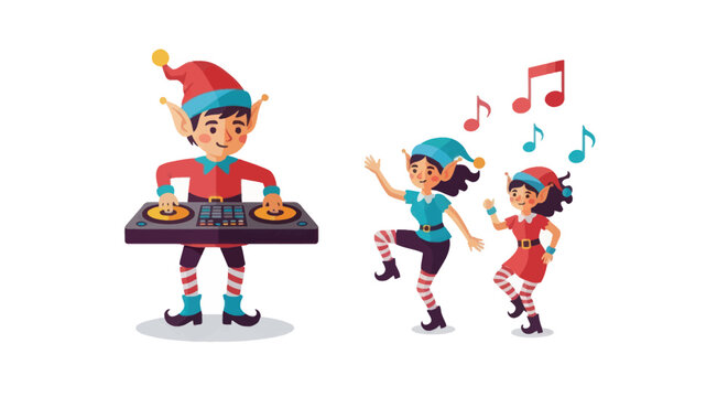 Christmas Elf DJ Playing Music for Dancing Elves Party Celebration