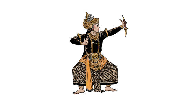 Traditional Javanese Dancer in Elaborate Costume Holding Kris Dagger
