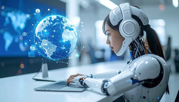 Female Robot Working on Computer with Holographic Earth Display.