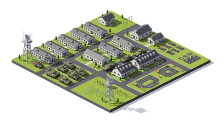 Obraz premium Isometric 3D vector illustration showcasing a military base with barracks, tanks, and infrastructure elements arranged on a green field, rendered with a clean, modern style and a neutral