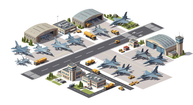Isometric 3D military illustrations showcase a detailed army base design with fighter jets parked on the runway, fuel trucks nearby, and various buildings, all rendered in a clean, vector