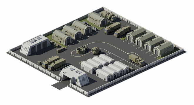 Isometric 3D military illustrations present an army camp design with vehicles parked near tent barracks on a gray concrete surface, creating a strategic military base isometric composition