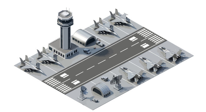 Isometric 3D military base illustration featuring a control tower and fighter jets parked on the tarmac, rendered with a clean, modern vector design and a neutral gray color palette