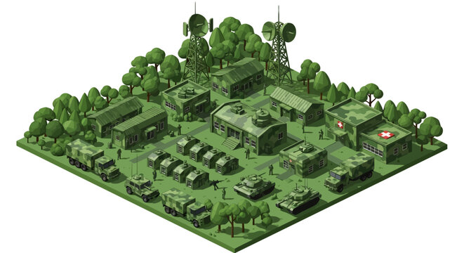 Isometric 3D military illustration showcasing an army camp design with camouflaged buildings, tanks, and tents positioned on a grassy terrain surrounded by trees and communication towers