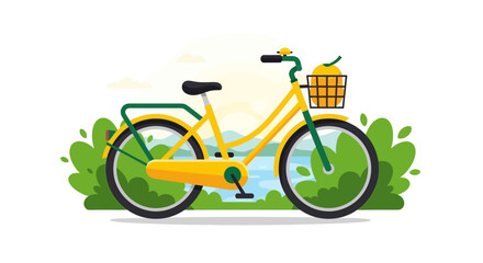 Fototapeta premium Yellow Bicycle Illustration with Basket and Coconut in Scenic Lake Landscape - Eco-Friendly Travel Concept
