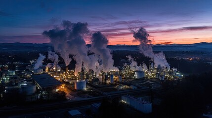 Obraz premium Industrial plant at dawn with smoke billowing from stacks against a colorful sunrise backdrop