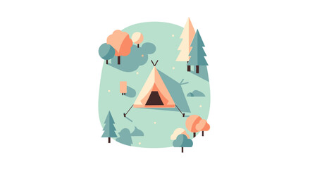 Fototapeta premium Minimalist Flat Design Illustration of a Camping Tent in a Forest with Trees and Rocks on White Background