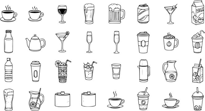 Hand-Drawn Beverage Icons Set. Sketchy collection of various hot, cold, alcoholic, and non-alcoholic drinks in cups, bottles, glasses, and cartons for cafe and bar menus.