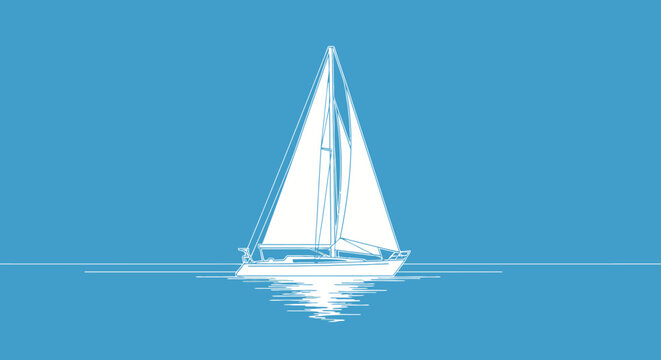 Minimalist White Sailboat Illustration on Blue Background - Nautical Yacht Design for Summer Travel and Adventure Concepts