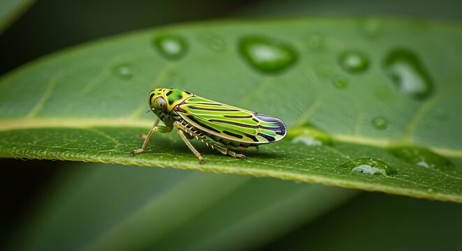 Close up of a green leafhopper insect resting on a vibrant green leaf