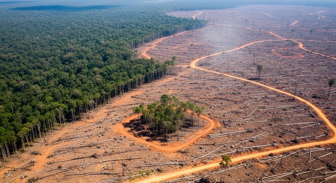 Aerial View of Deforestation in The Rainnforest Showing Stark Contrast Beetween Dense Green Forest and Cleared Land 