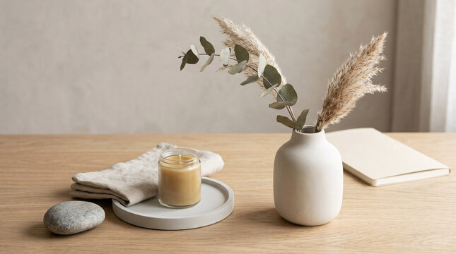 Nature morte minimaliste avec bougie et plante
