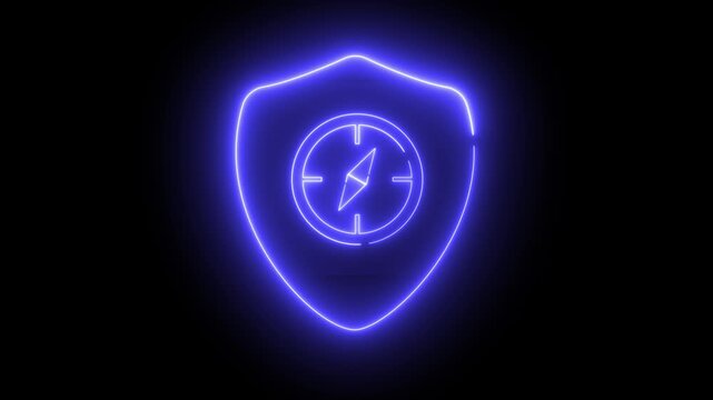 Animated blue shield with a neon light effect. The centered compass points north within the shield. Its modern digital design suggests protection and guidance. 