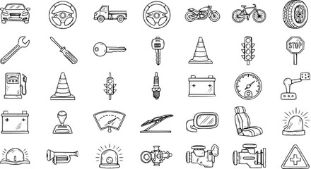 Naklejka premium Hand-Drawn Automotive and Vehicle Icons Set: Doodle Style Car, Truck, Motorcycle Parts, Tools, and Road Signs Collection for Transportation and Repair