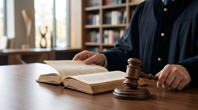 Livre ouvert avec marteau de juge symbolisant le droit et la justice