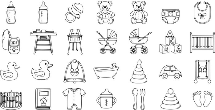 Outline Vector Icons Set of Baby Essentials and Nursery Items for Newborns and Infants, Detailed Line Art Collection on White Background