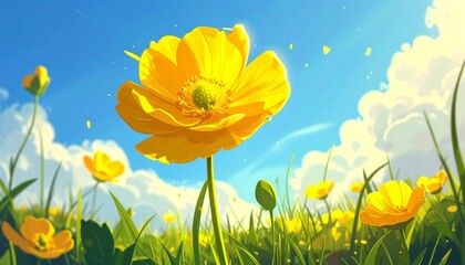 Fototapeta premium Vibrant yellow flowers in a lush green field under a bright blue sky.