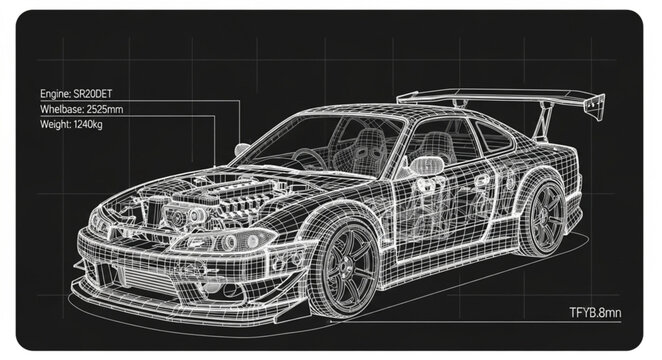 Detailed blueprint schematic of a sports car.