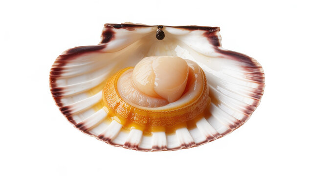 Raw scallop meat inside an open shell with brown edges isolated on a plain white background
