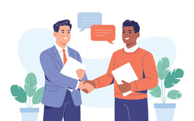 Fototapeta premium Professional men smiling and shaking hands after achieving a positive business agreement