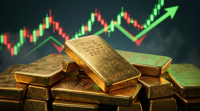 Rising gold prices represented by stacked fine bullion bars against a glowing upward candlestick stock market chart, illustrating financial growth, commodity investment strategy, global economic wealt
