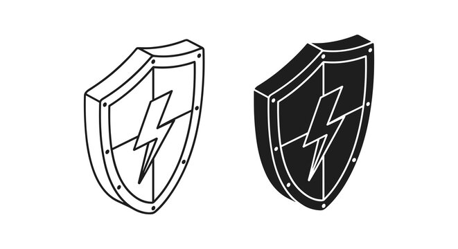 Shield, protection, security icons, black and white, vector graphics, 2 shields, lightning bolt