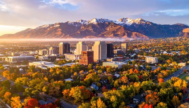 Spectacular aerial view of Salt Lake City in autumn colors with mountain backdrop