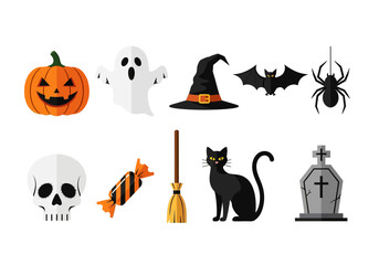 Obraz premium Collection of flat vector illustrations for Halloween, featuring pumpkins, ghosts, hats, bats, spiders, skulls, candy, brooms, black cats, and tombstones