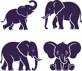 Fototapeta premium Set of four stylized elephant illustrations in a dark purple silhouette against a white background, showcasing their iconic shapes