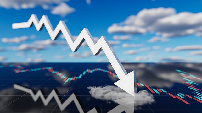 Financial market decline concept with downward arrow over graph and cloudy sky background
